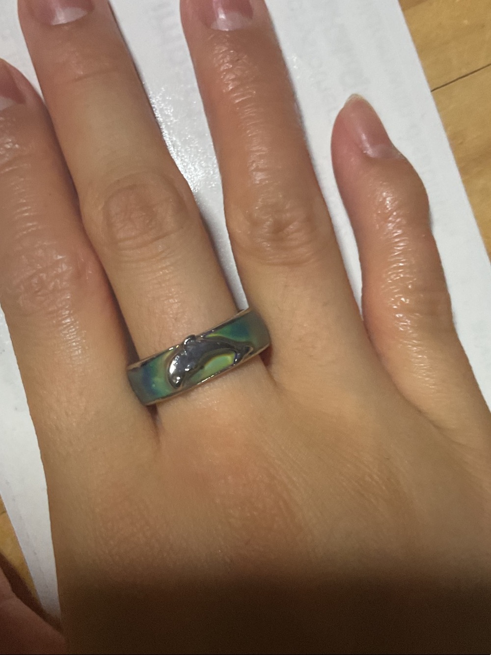 Abalone Inlay Dolphin Silver Tone Women's Ring - Green Blue